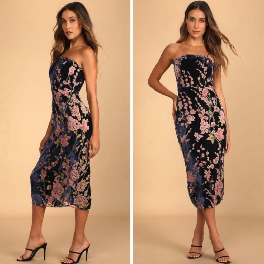 Buy You Flowers Navy Floral Print Velvet Strapless Midi Dress